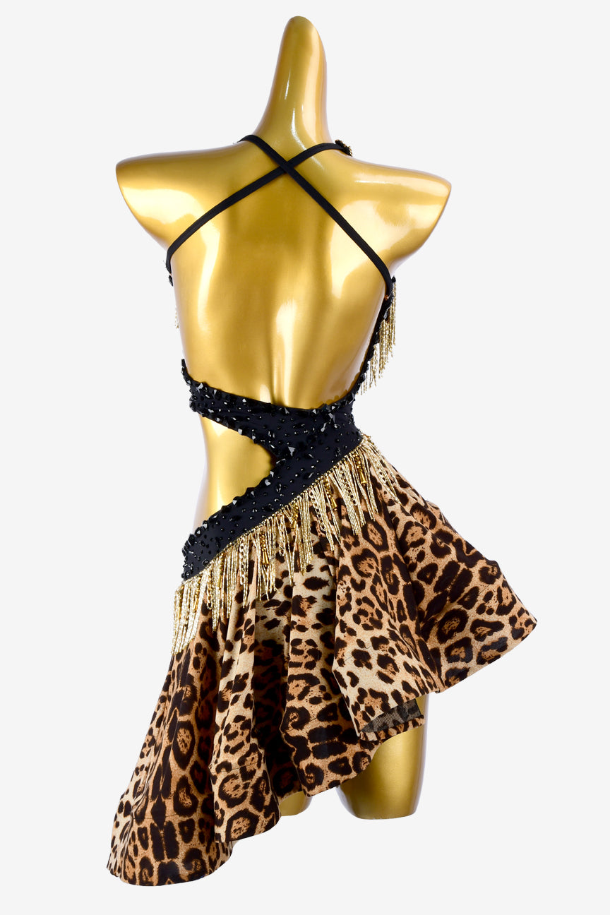 Permino leopard print Latin dress with gold beaded fringes, chains, black rhinestone & sew-on stones