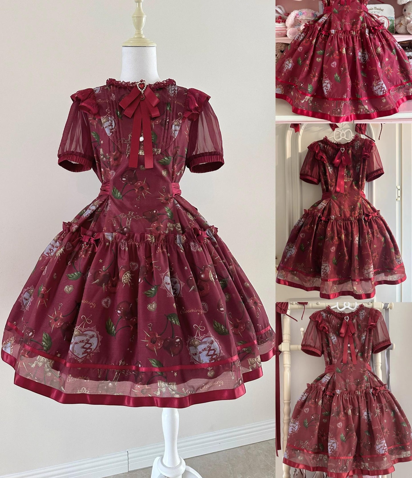 (Buy for me)Gloaming~Sweet Lolita Cherry print Short Sleeve OP and SK Set