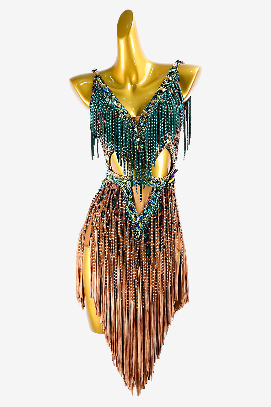 Permino sienna leopard print backless Latin dress with seagreen stone fringes, fringes & rhinestones