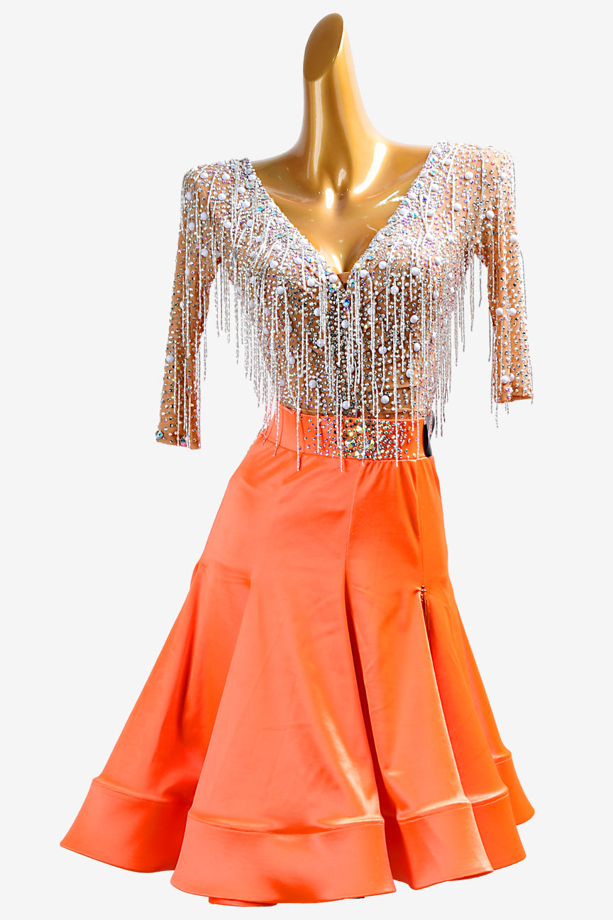 Permino fleshtone Latin dress with coral underskirts, crystal AB, white beaded fringes & Beaddings