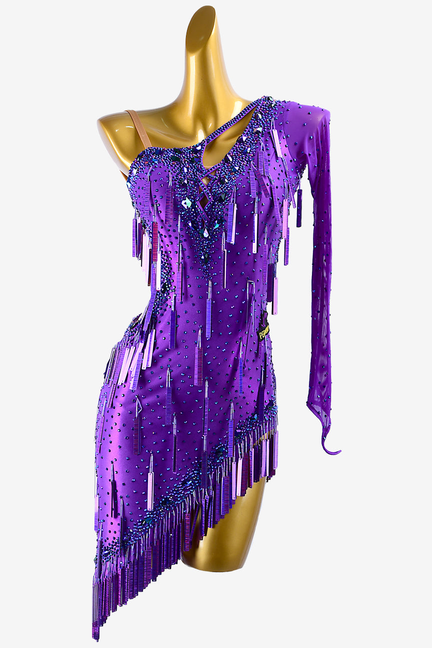 Permino violet lustre lycra Latin dress with mesh sleeve,  sequins, darkblue rhinestones & sew-on stones