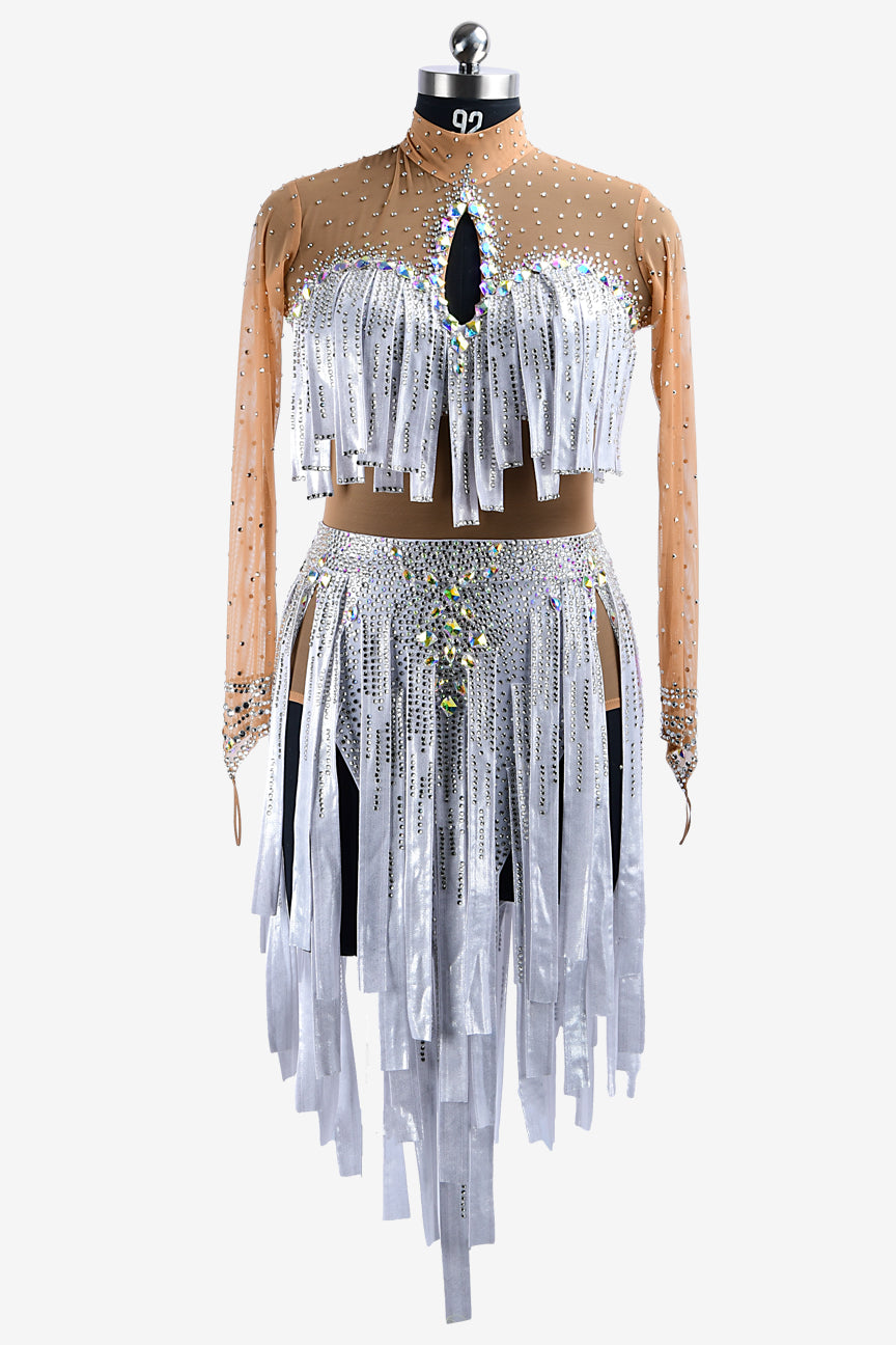 Permino white & metallic lycra Latin dress with fleshtone mesh body, stone fringes & AB crystals