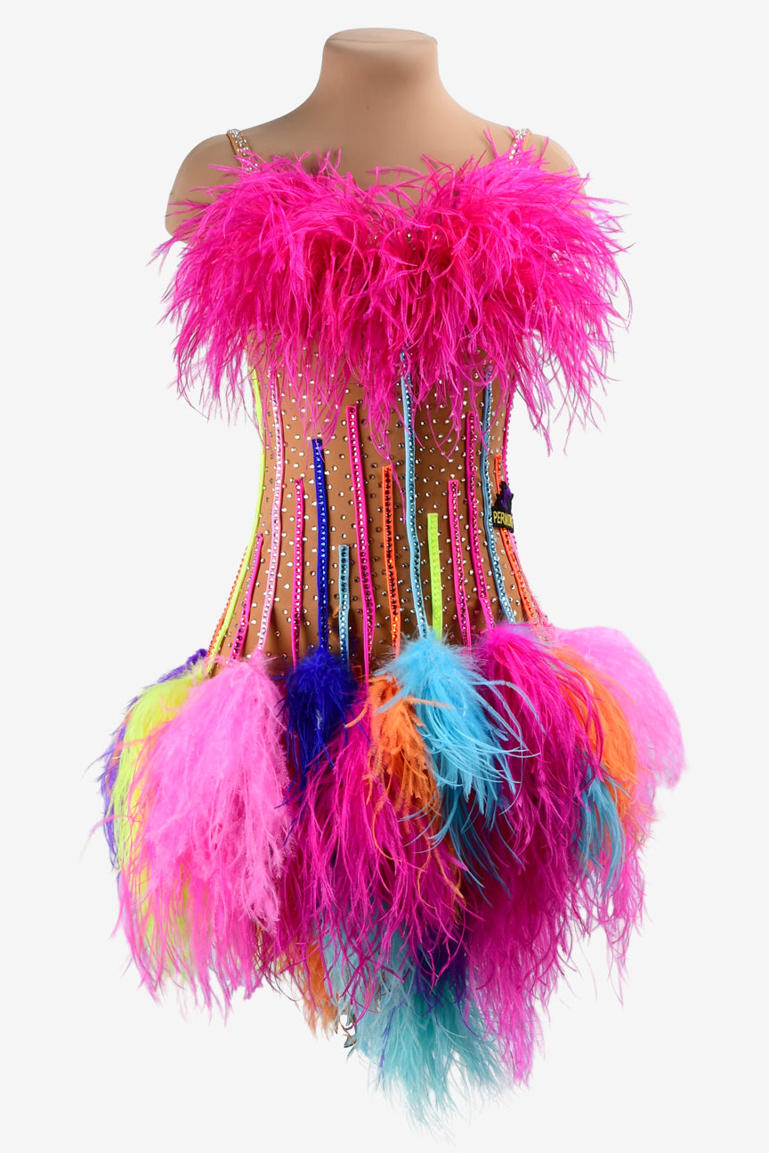 Permino fleshtone matt lycra Latin dress with rhinestones, colorful feathers underskirts & stone fringes