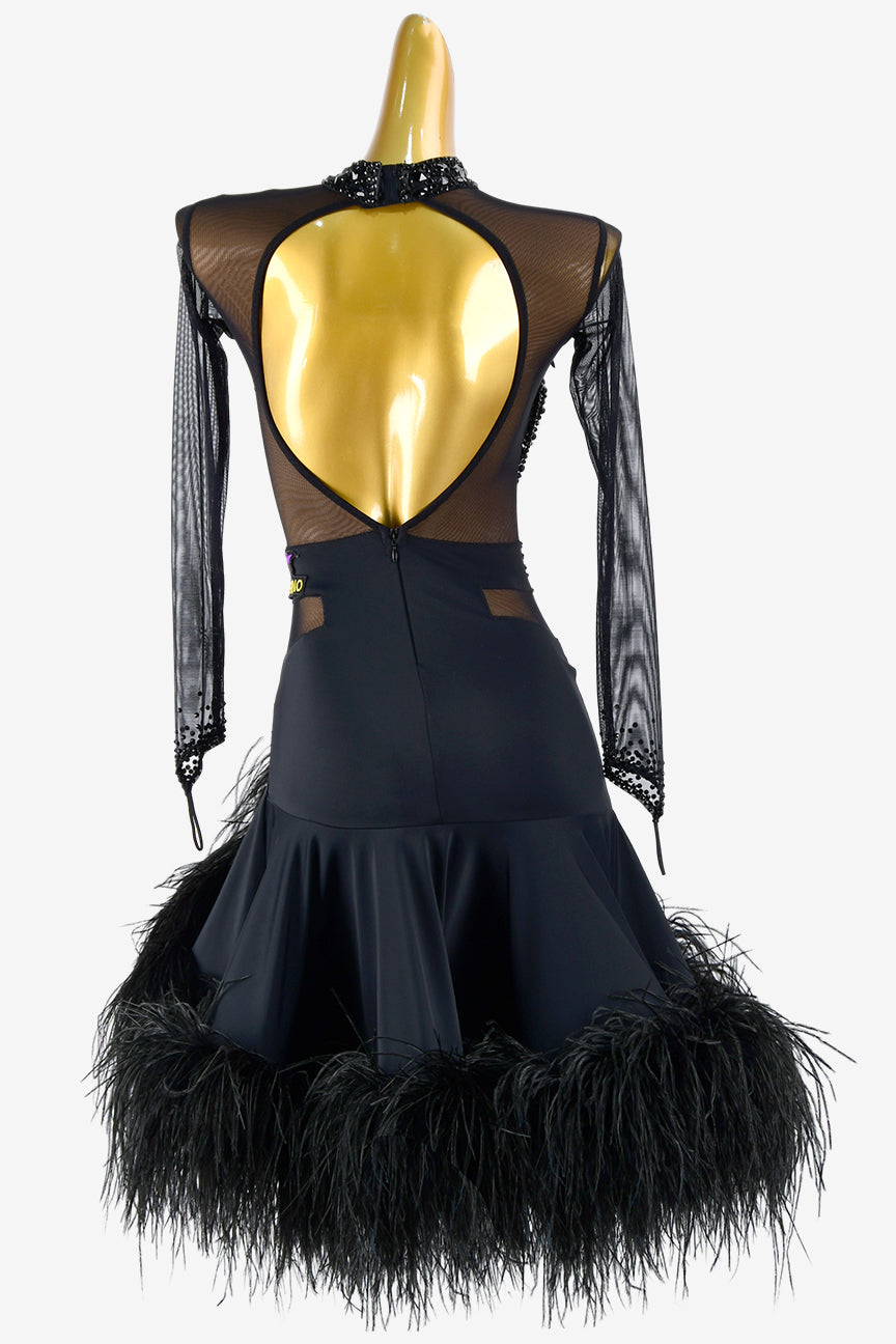 Permino black mesh Latin dress with ruffle fishbone underskirt, lace, feathers, crystals & beaddings