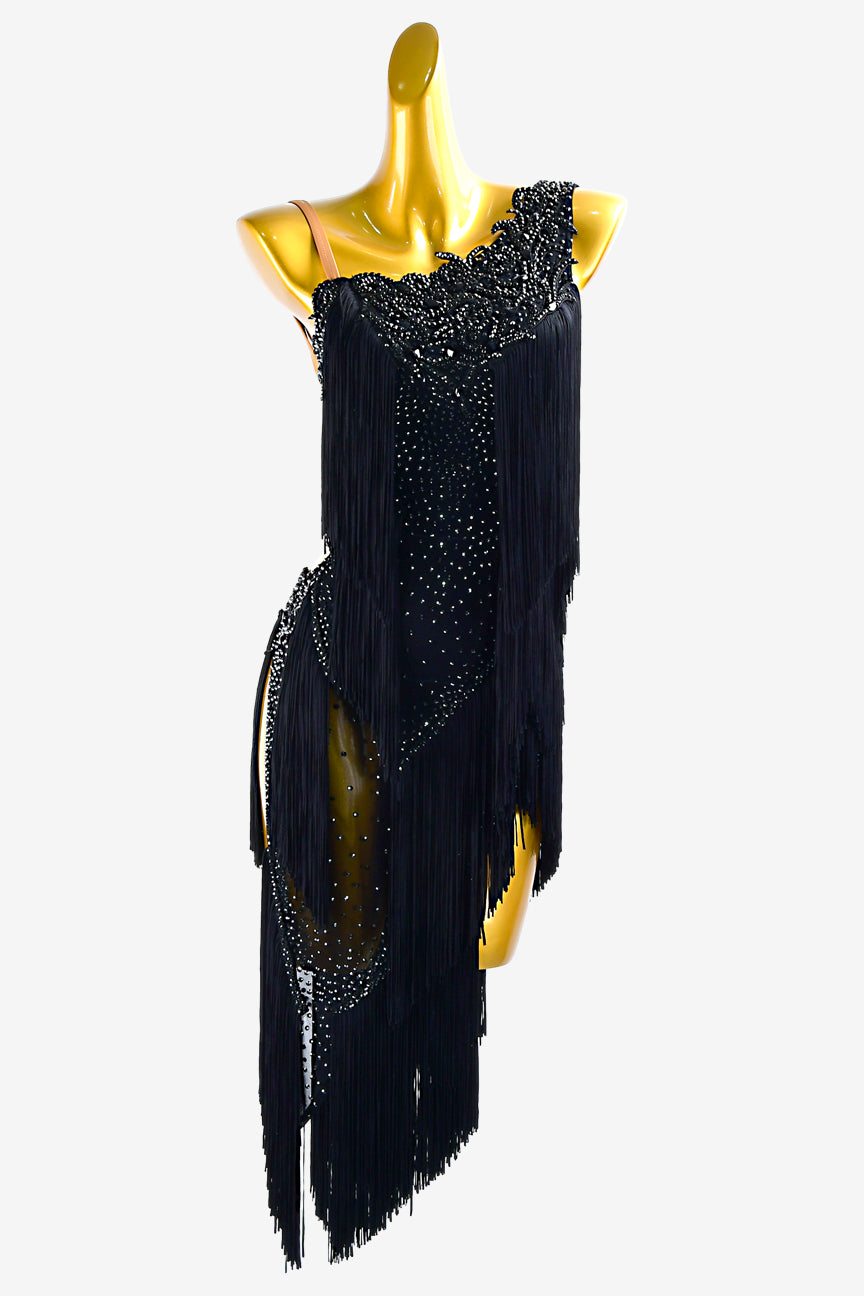 Black fringe Latin dress with crystal lace appliqué