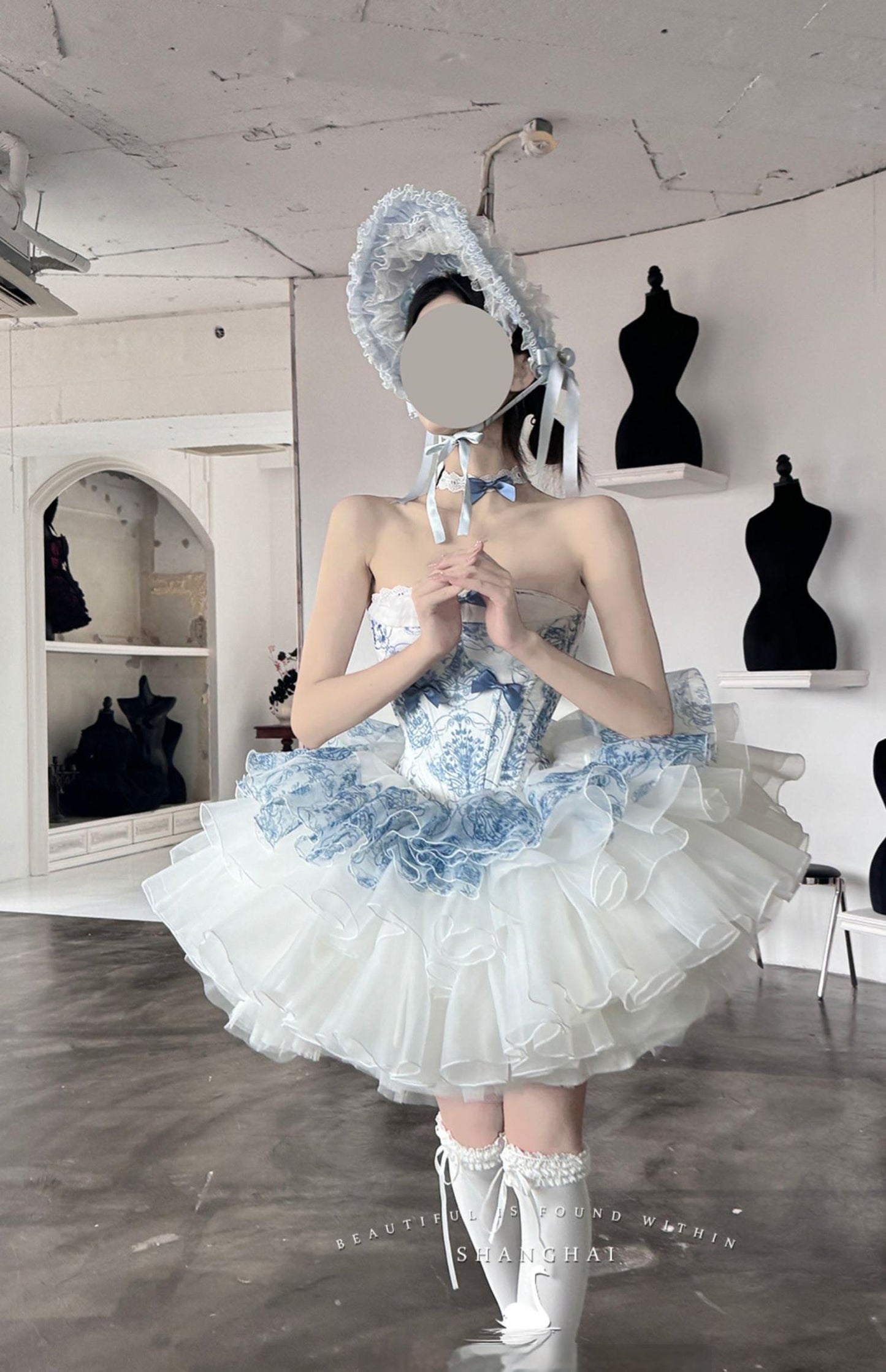 POSHEPOSE~Blue and White Porcelain~Princess Lolita JSK Dress Plush Cape