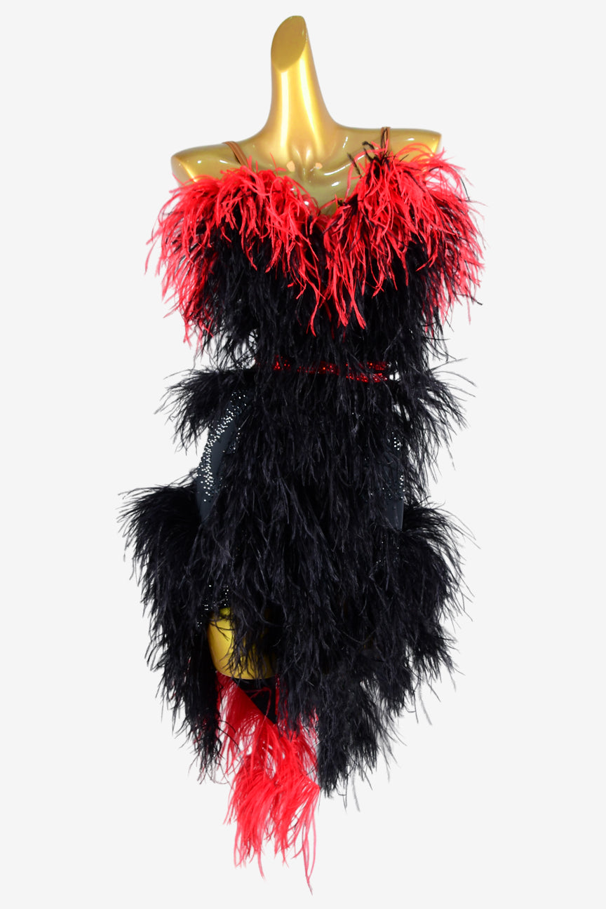 Permino black matt lycra backless Latin dress with rhinestones, black & red feathers