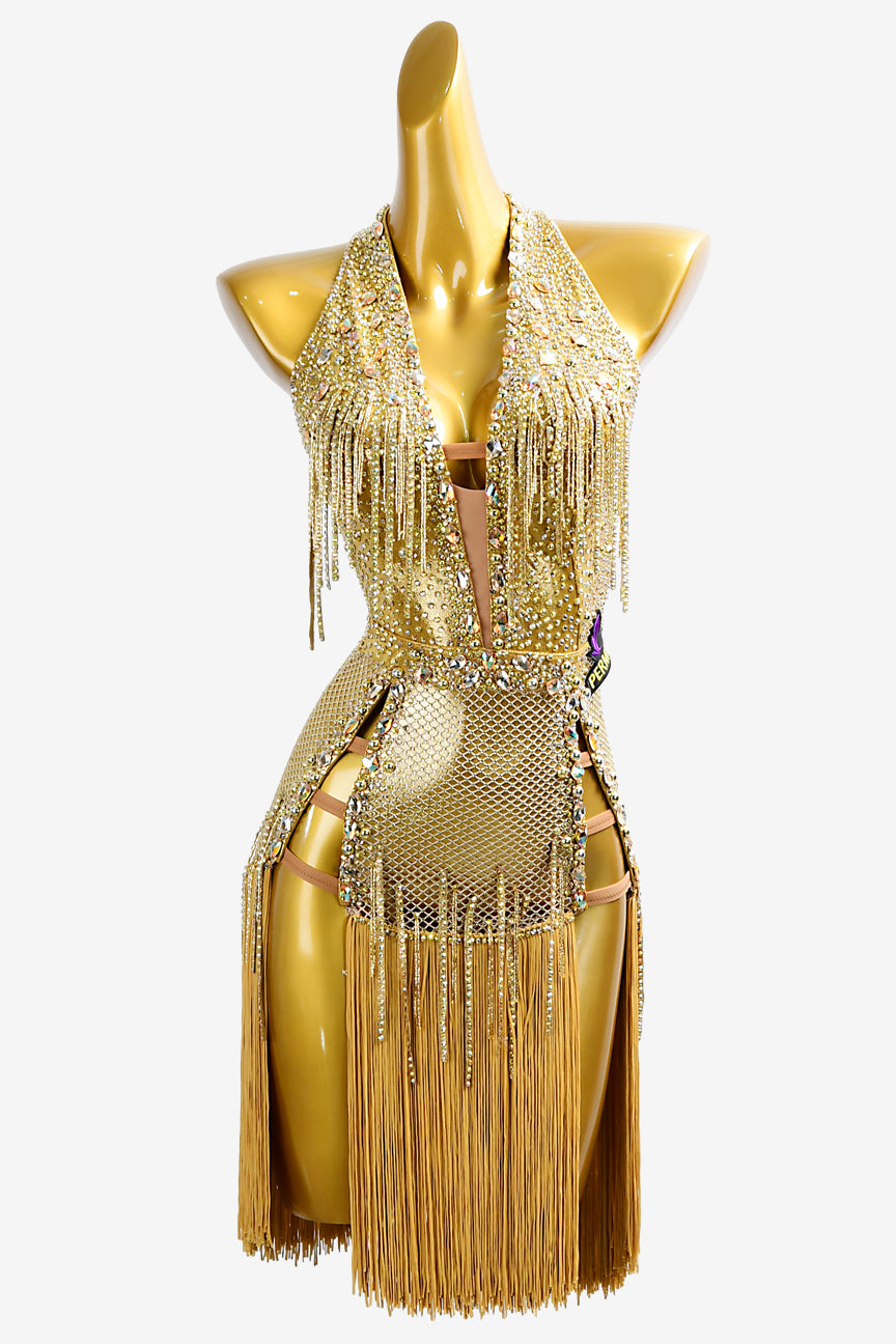 Permino gold sequin Latin dress with stone fringes, AB stones and fringes
