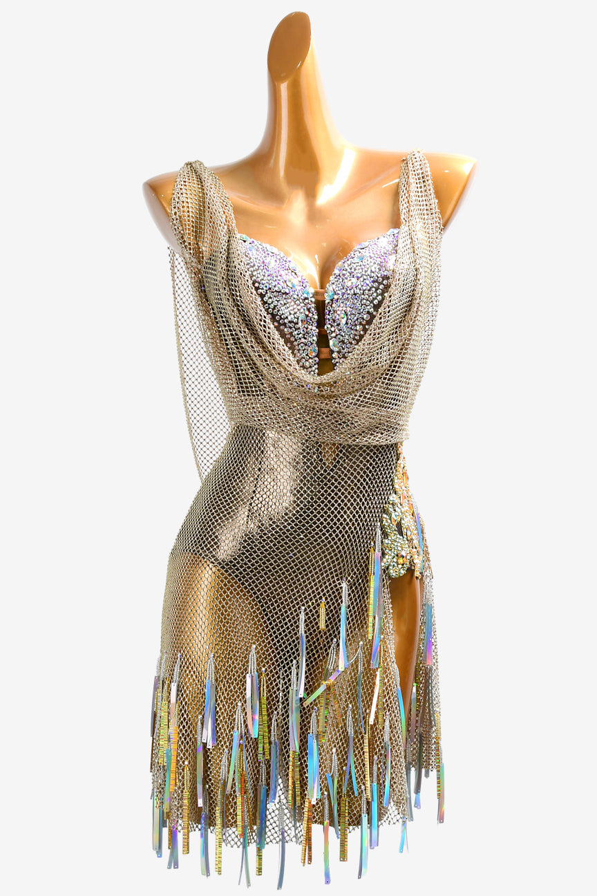 Permino fleshtone dot shine lycra Latin dress with gold crystal fishnet, lace appliqués, crystals AB & sequins