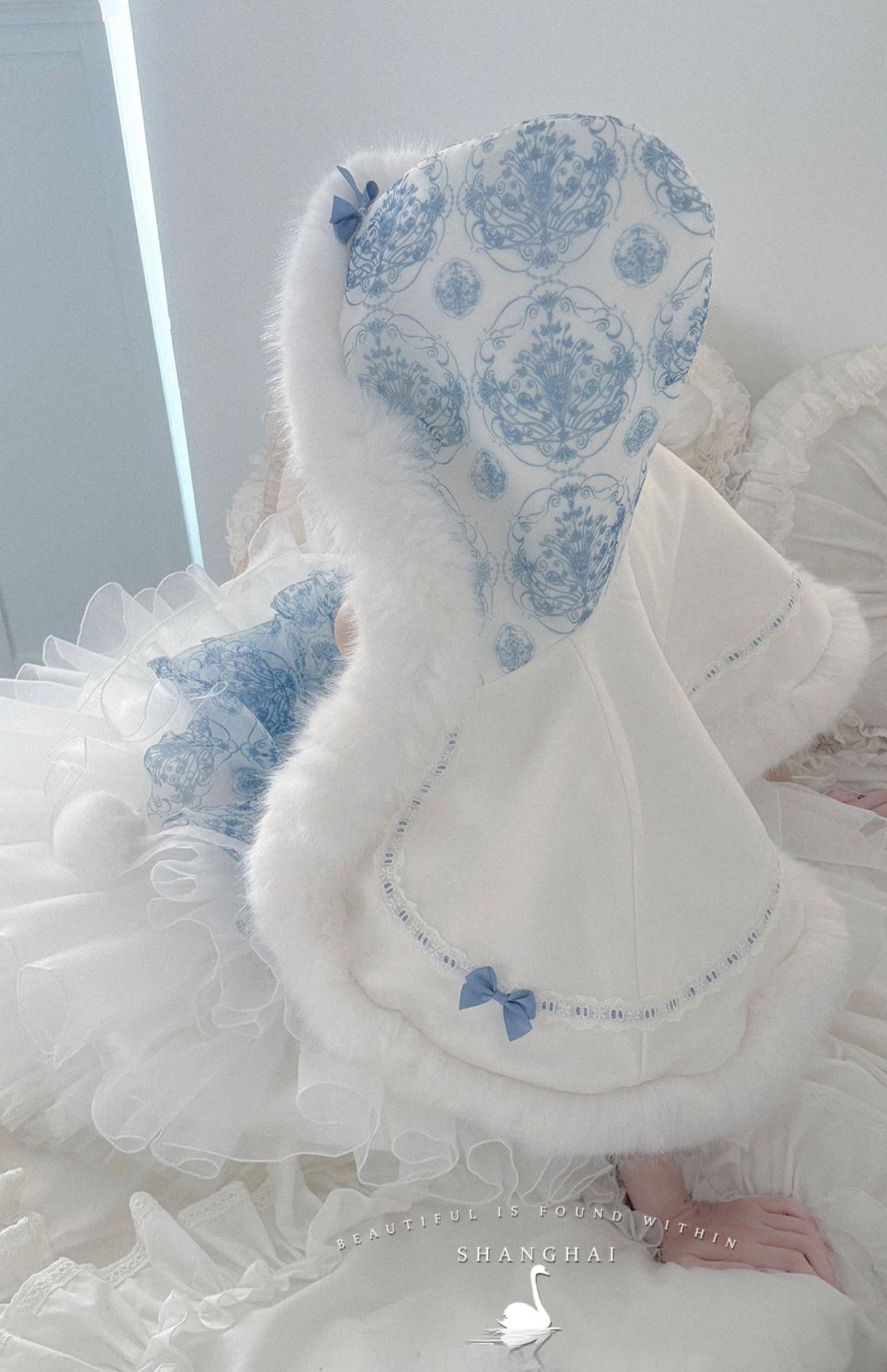 POSHEPOSE~Blue and White Porcelain~Princess Lolita JSK Dress Plush Cape