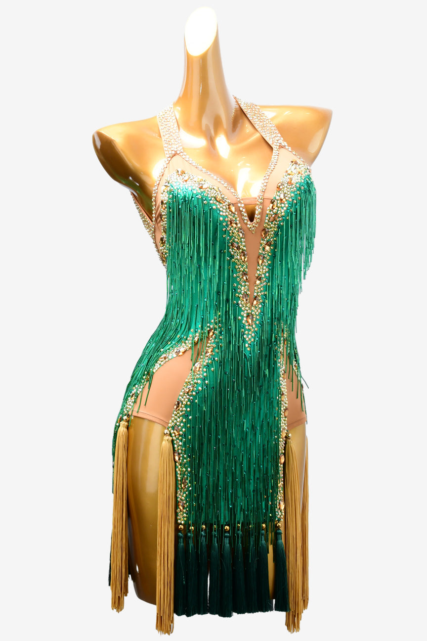 Permino sea green Latin dress with beaded fringe,crystal AB and tassels