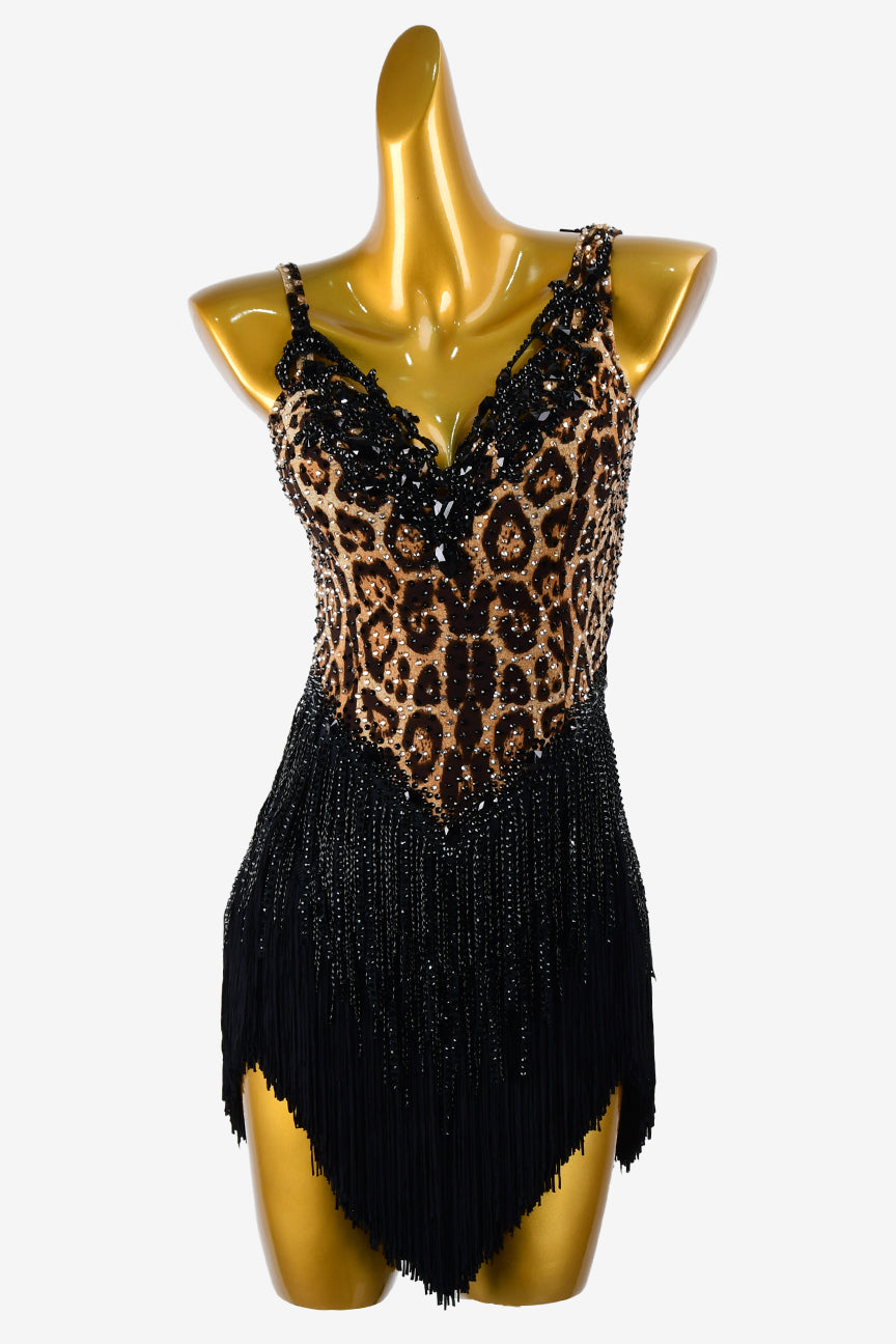 Permino leopard print matt lycra Latin dress with stone fringes, lace appliqués, sew-on stones, crystal AB & black fringes