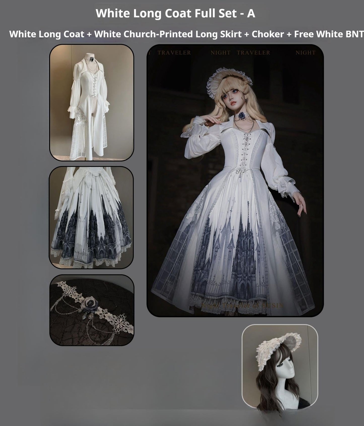 Susin Lolita~Night Traveler~Gothic Lolita Skirt Outfit Long Coat Shirt and Bustier Set