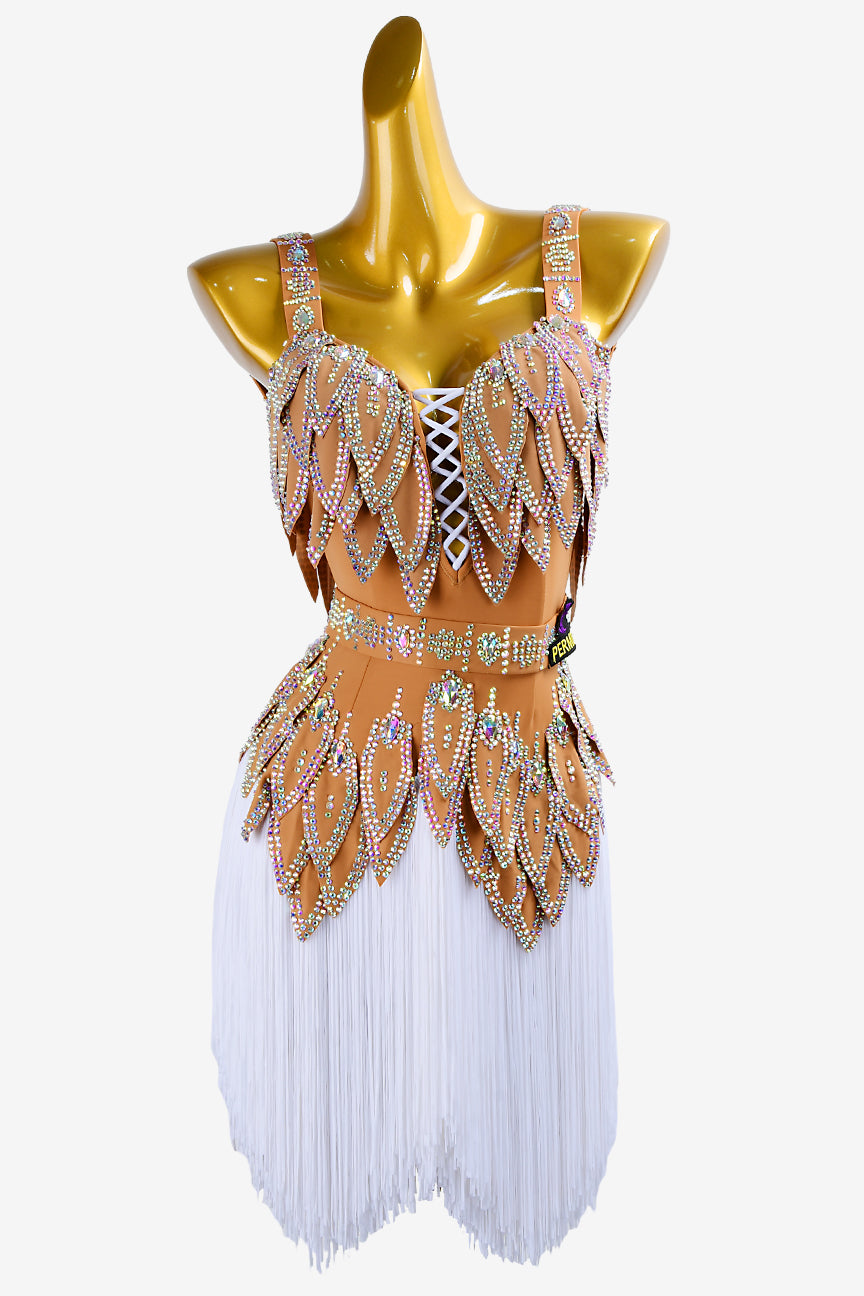 Permino peru matt lycra Latin dress with crystal AB and white fringes