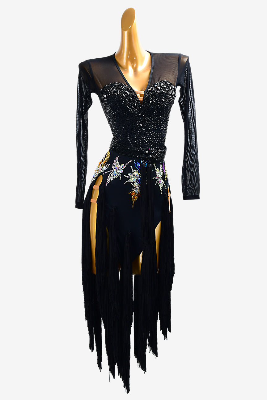 Permino black matt lycra Latin dress with mesh sleeves, fringes & crystal AB