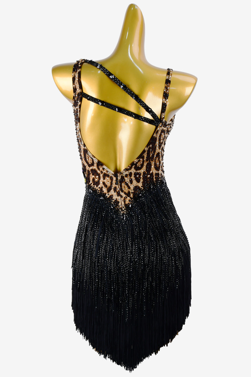 Permino leopard print matt lycra Latin dress with stone fringes, lace appliqués, sew-on stones, crystal AB & black fringes