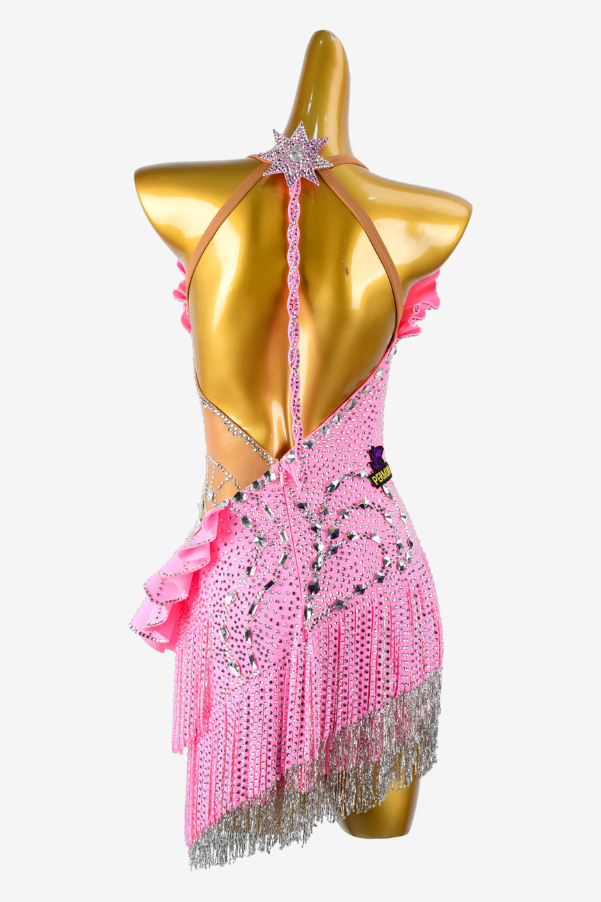 Permino bright pink matt lycra Latin dress with stone fringes, beaded fringes, silver sew-on stones & crystals