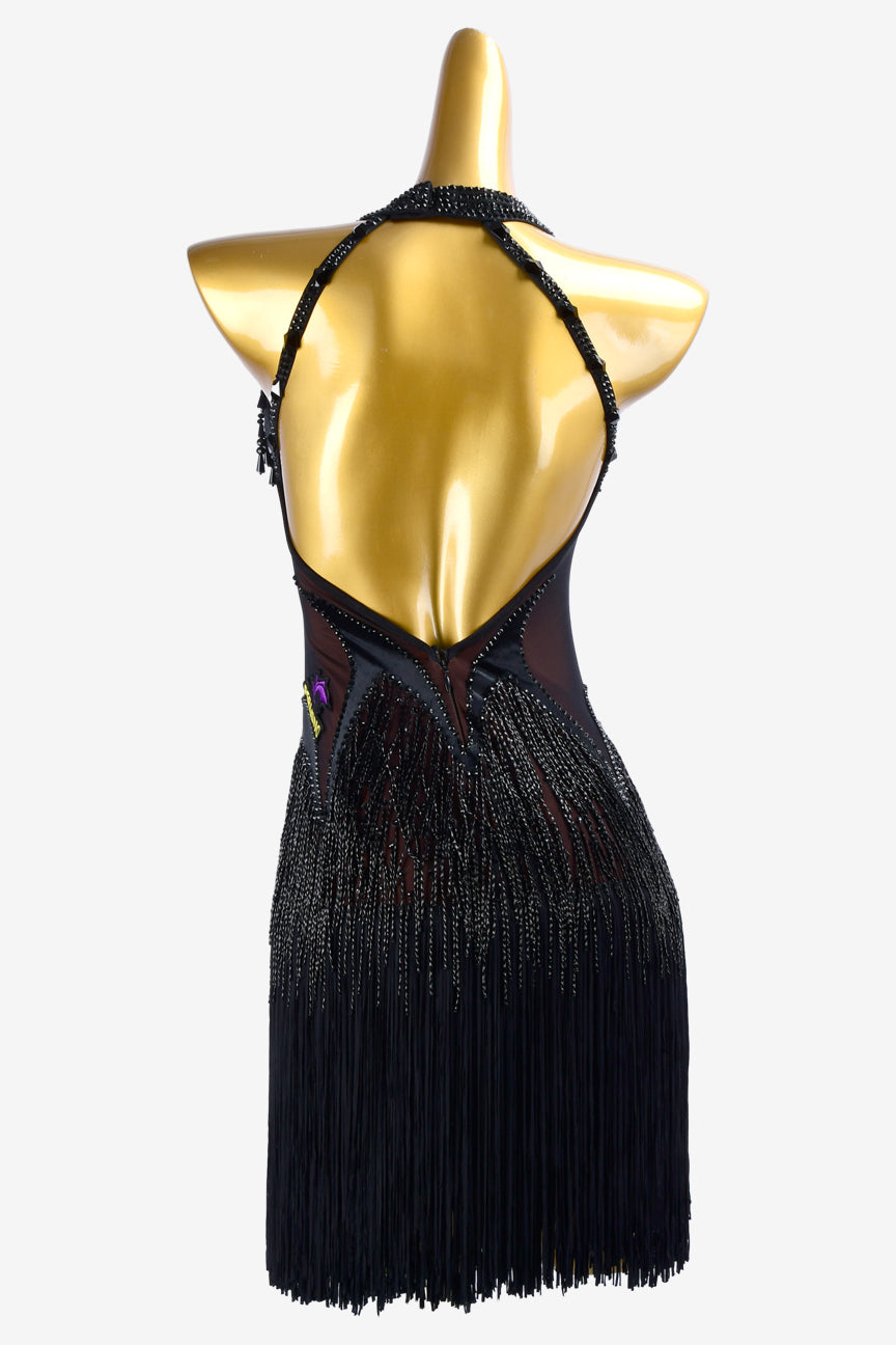 Permino black mesh Latin dress with stone fringes, beadings, fringes, rhinestones & sew-on stones