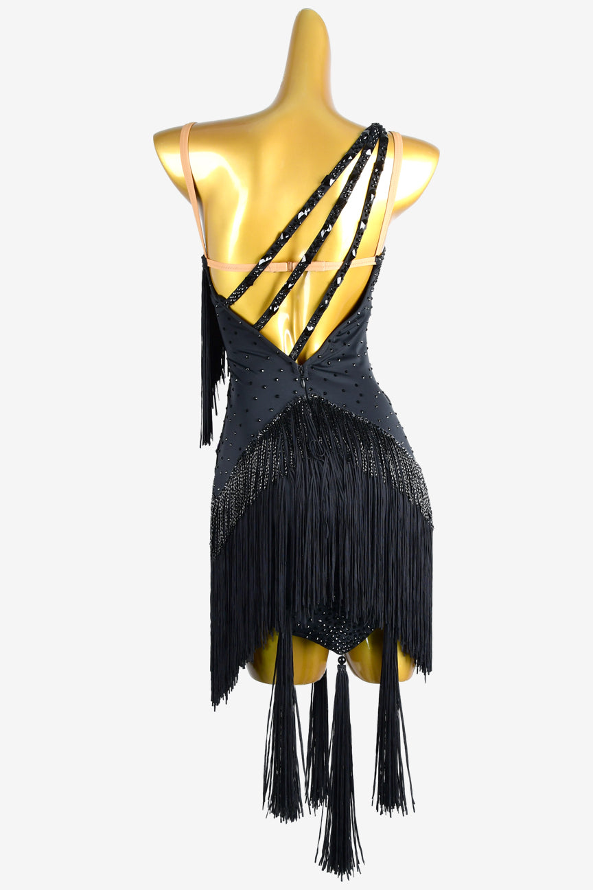 Permino black lustre lycra backless Latin dress with fringes, beaded fringes & rhinestone