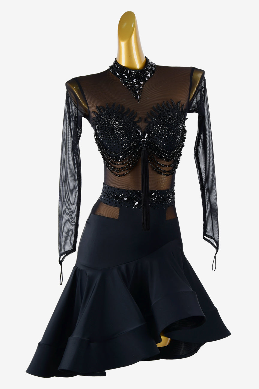Permino black mesh Latin dress with ruffle fishbone underskirt, beadings, black rhinestone & sew-on stones