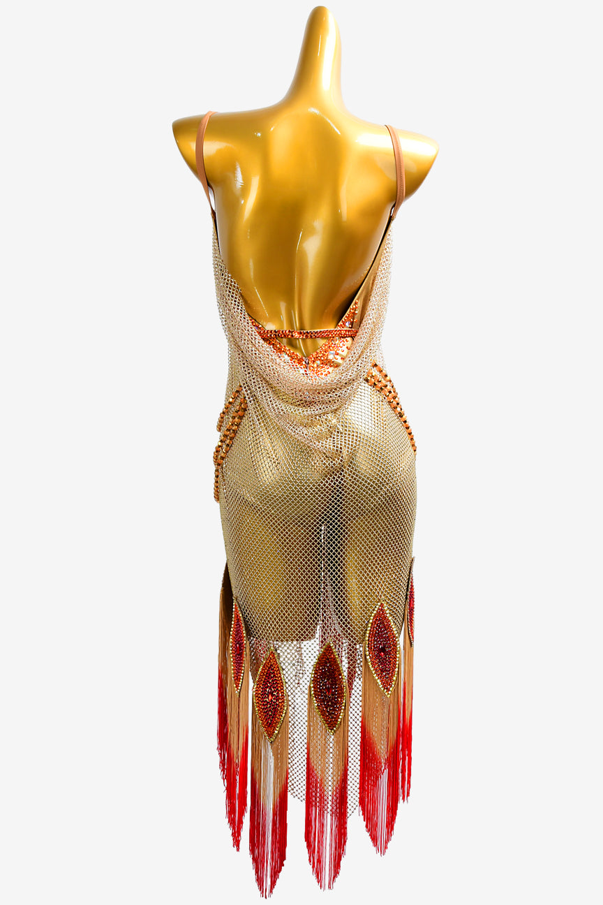 Permino gold crystal fishnet Latin dress with red & fleshtone fringes, gold beadings and crystals