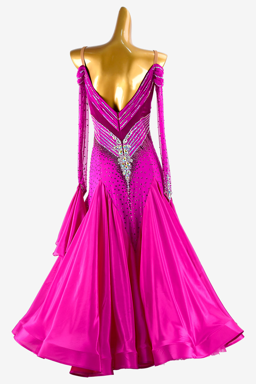 Permino dark magenta velvet and lycra splicing Ballroom dress with pearl chiffon underskirts, mesh sleeves, white  AB stones