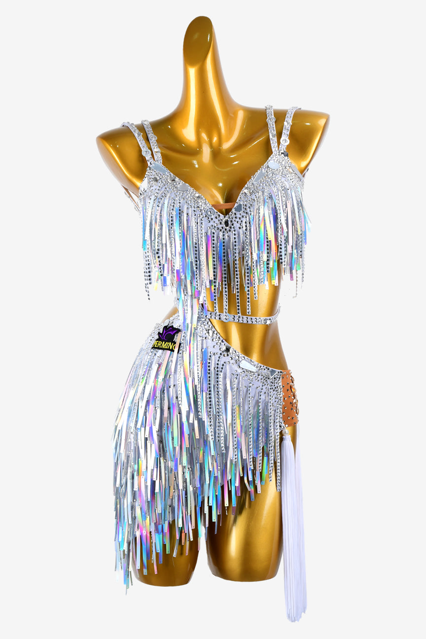 Permino silver dot shine lycra Latin dress with white tassels, crystals & colorful sequins