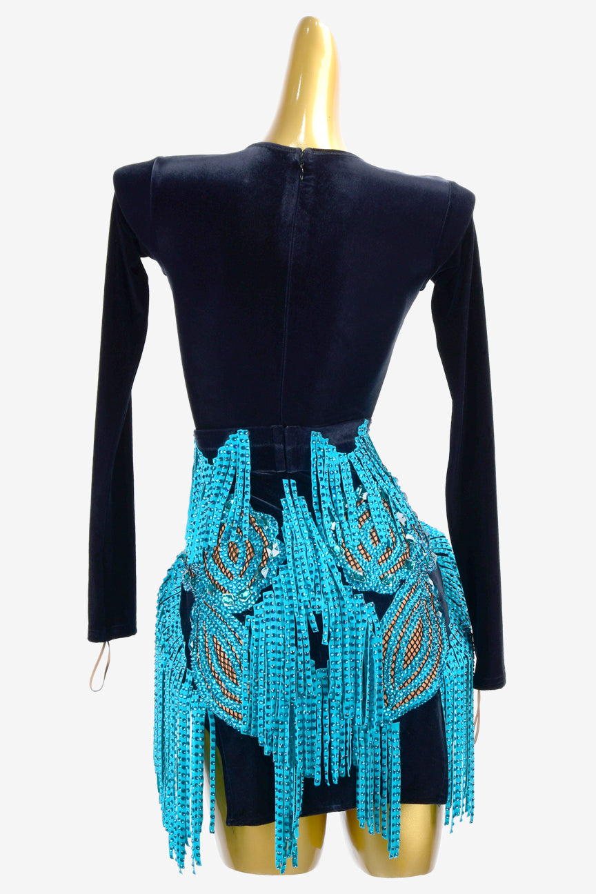 Permino black stretch velvet Latin dress with steelblue stone fringes & rhinestone