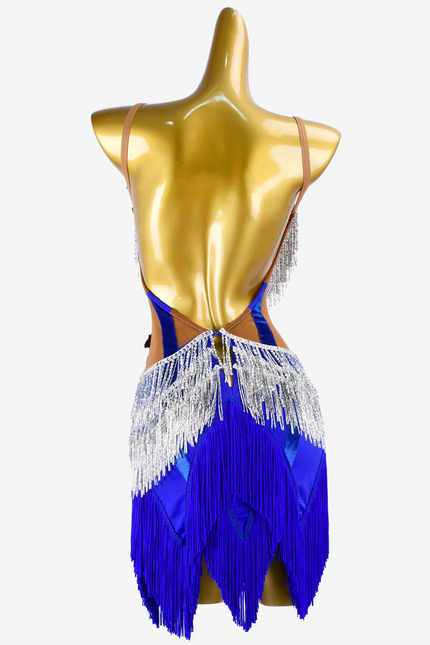 Permino Dark nude & mediumblue Latin dress with white beaded fringes, lace appliqués, mediumblue fringes and  white AB stones