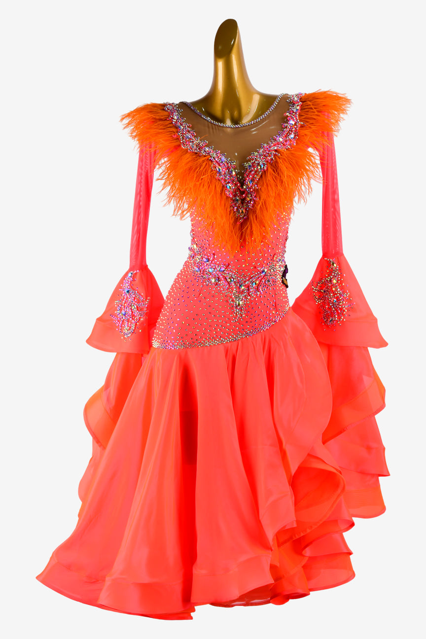 Permino vitality orange Standard dress with pearl chiffon underskirt, crystal AB & feathers
