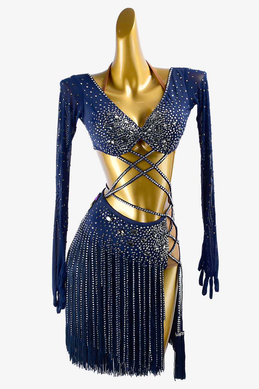 Permino midnightblue mesh Latin dress with stone fringes, fringes, slategray crystals & sew-on stones