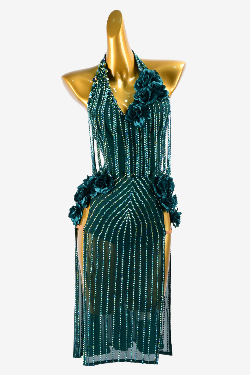 Permino malachite green mesh Latin dress with stone fringes, flower applique & rhinestones