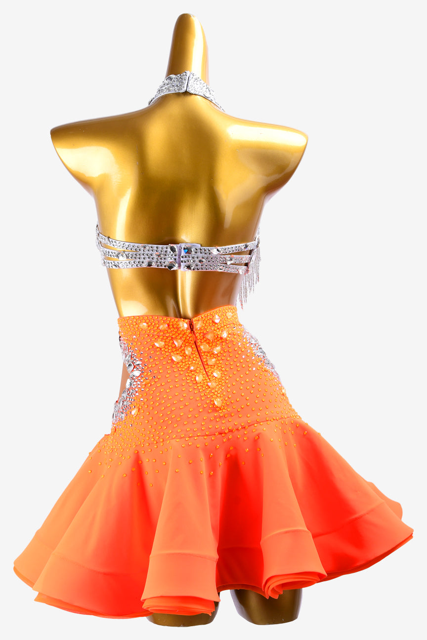 Permino silver dot shine lycra Latin dress with orangered ruffle fishbone underskirt, beaded fringes and crystals