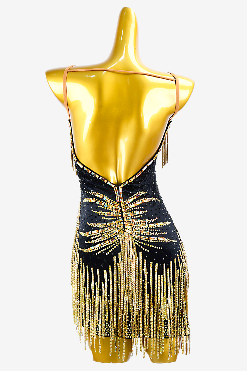 Permino black stretch velvet backless Latin dress with gold stone fringes and gold rhinestone AB