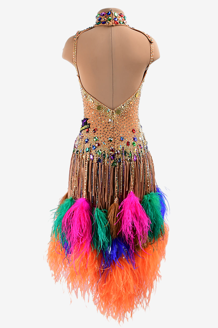 Permino fleshtone lycra Latin dress with stone fringes, colorful feathers, fringes, rhinestones & sew-on stones