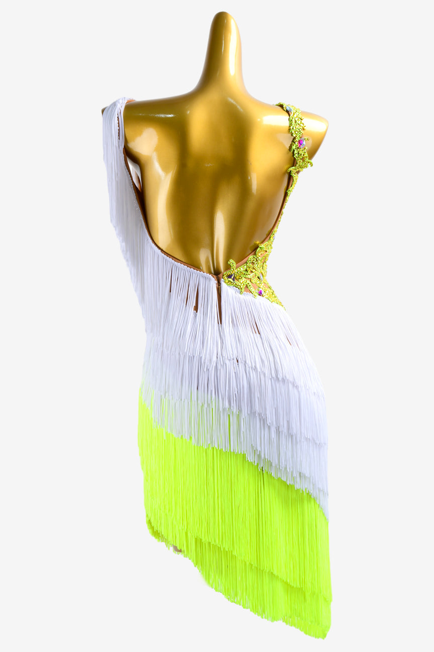 White & lemon green fringe Latin dress with crystal lace applique