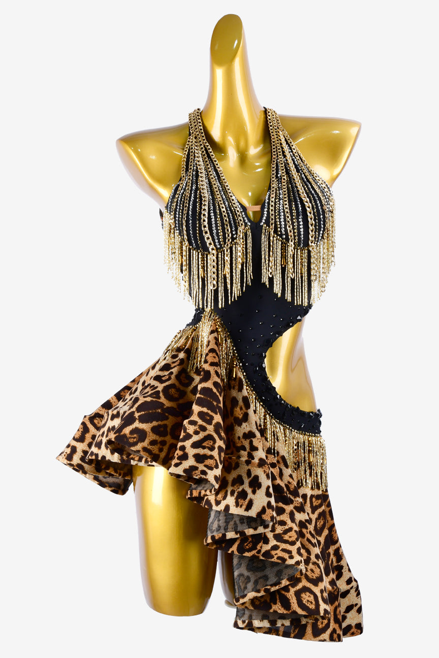 Permino leopard print Latin dress with gold beaded fringes, chains, black rhinestone & sew-on stones