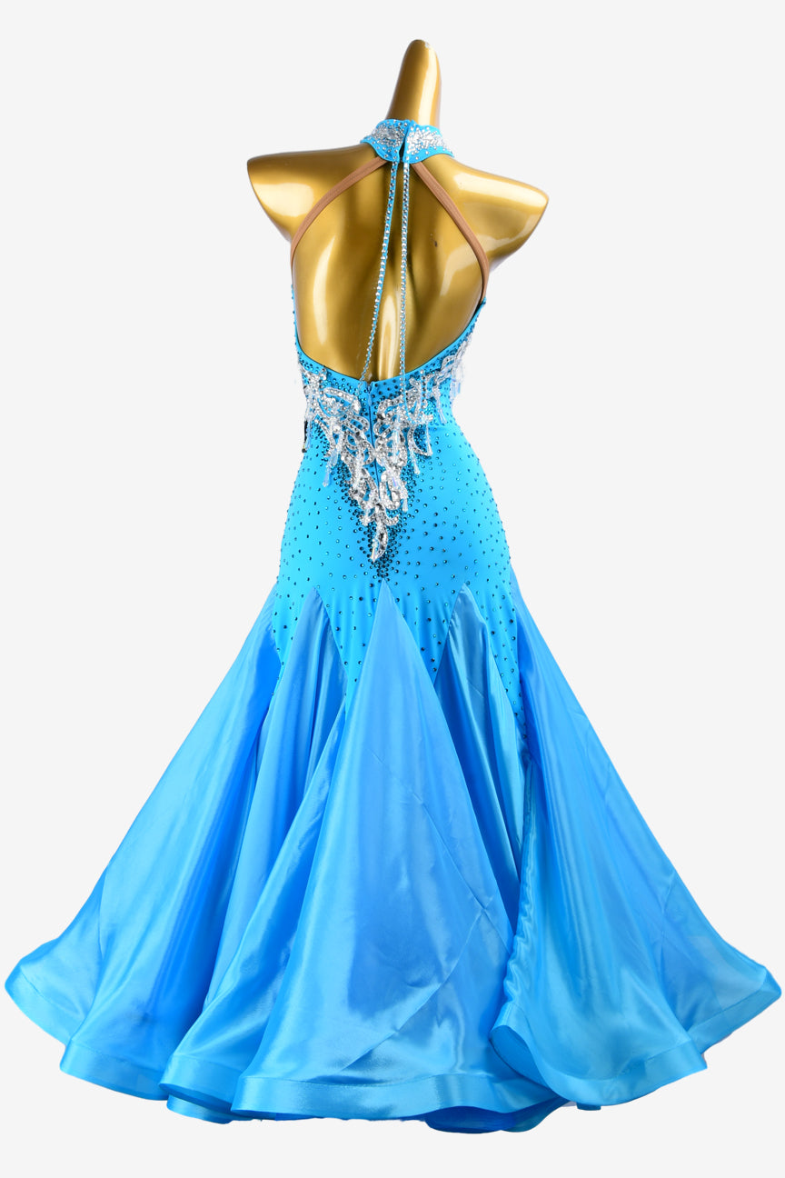 Permino deep skyblue Standard dress with pearl chiffon underskirts, lace appliqués, white crystals & beadings