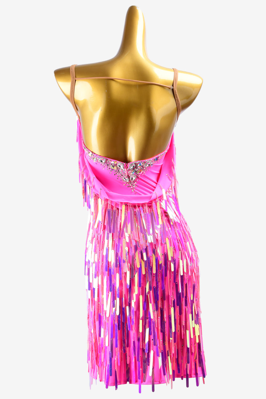 Permino magenta fully sequins Latin dress with crystals, sew-on stones & flower appliques