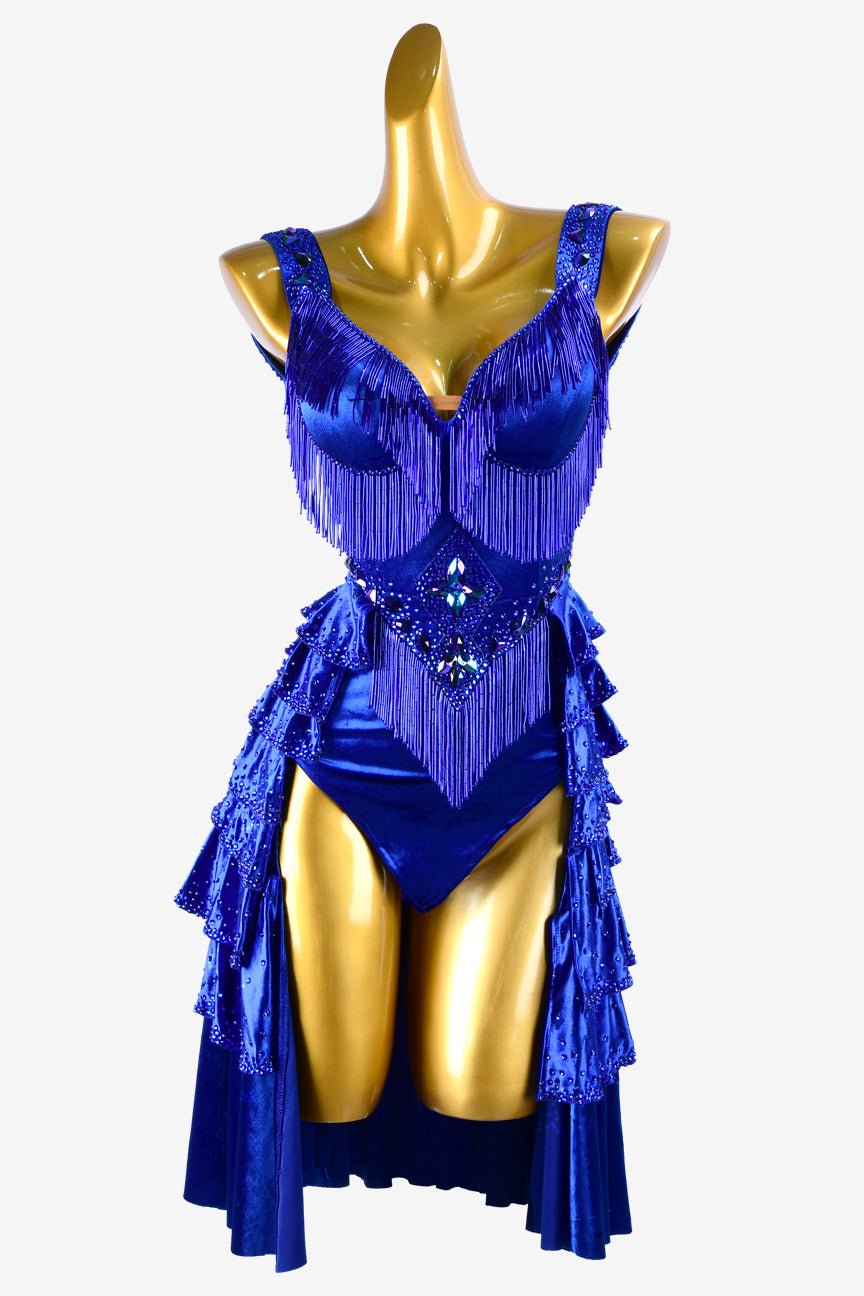 Permino mediumblue stretch velvet Latin dress with beaded fringe, rhinestones & AB sew-on stones