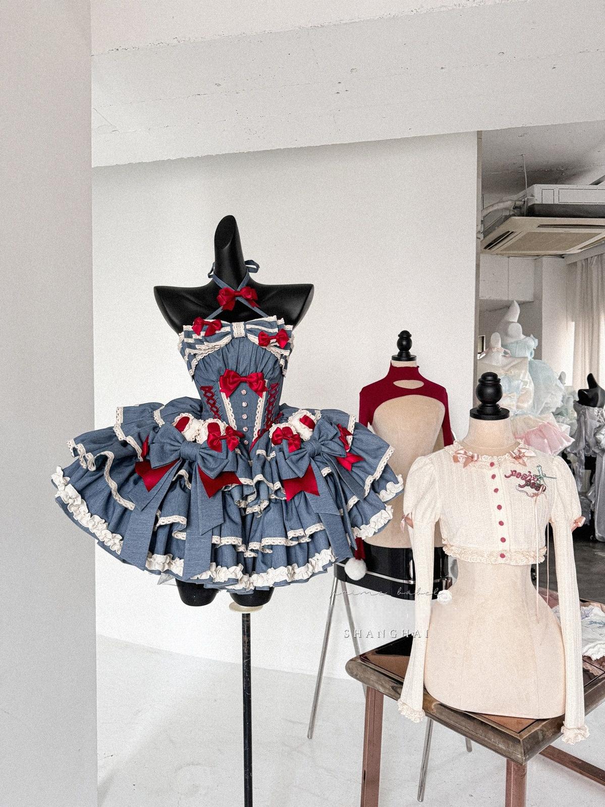 POSHEPOSE~First Cherry Rabbit~Sweet Lolita Dress Halter Neck Jumper Dress and Cardigan