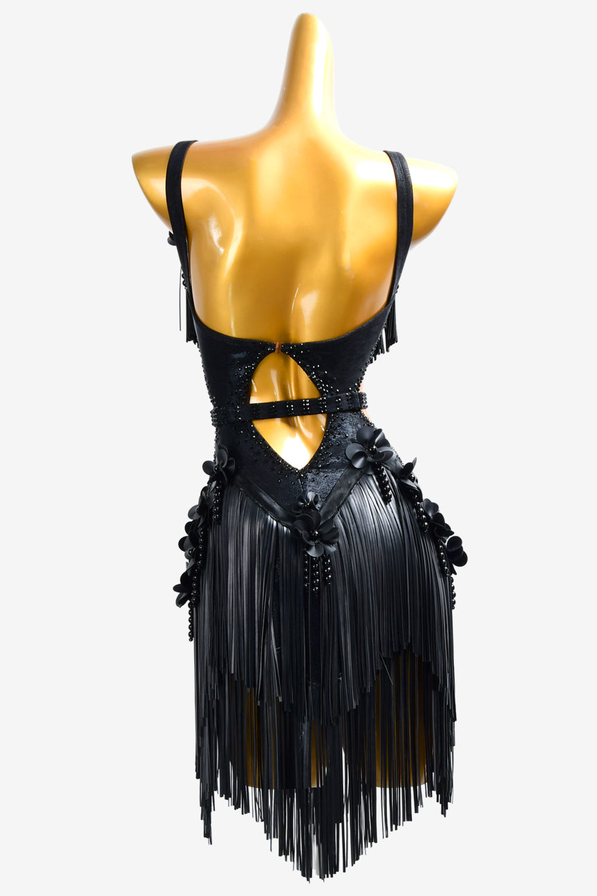 Permino black Latin dress with appliqués,rhinestones, PU leather fringes & beadings