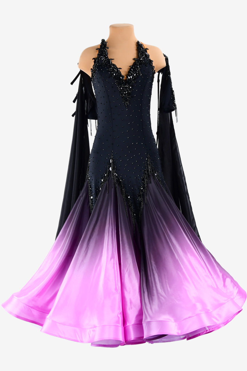 Permino black Standard dress with with shaded bright pink pearl chiffon underskirts, rhinestones & beaded fringes