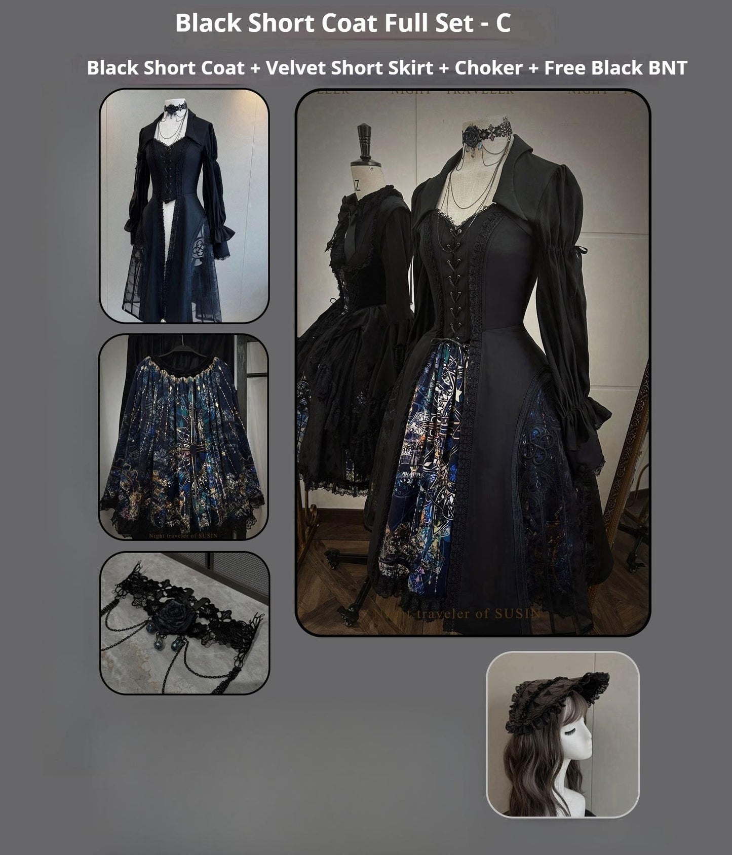 Susin Lolita~Night Traveler~Gothic Lolita Skirt Outfit Long Coat Shirt and Bustier Set