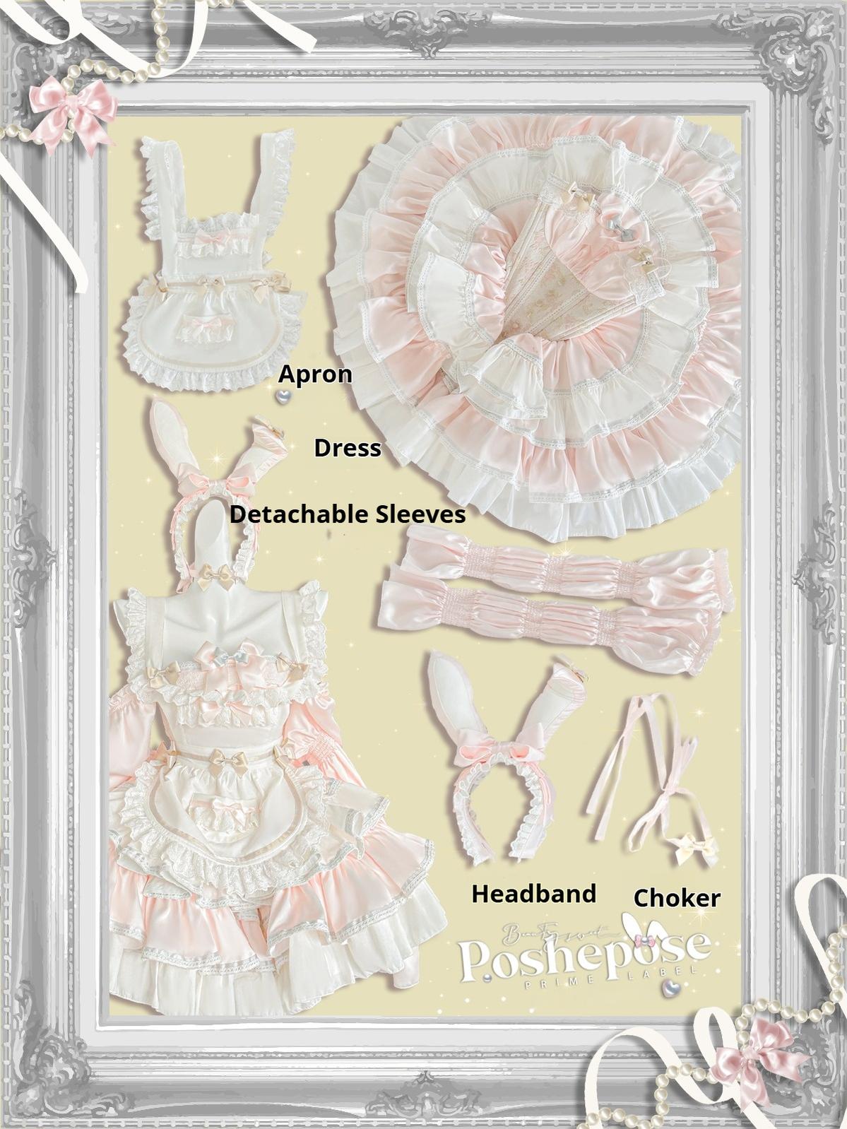 POSHEPOSE~Maid Bunny~Gorgeous Sweet Lolita OP Dress with Detachable Sleeves and Apron