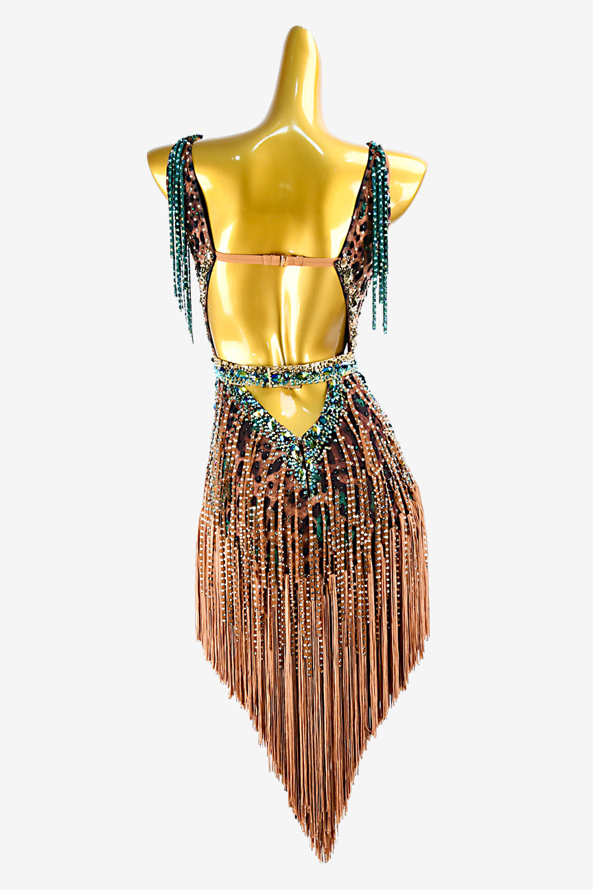 Permino sienna leopard print backless Latin dress with seagreen stone fringes, fringes & rhinestones