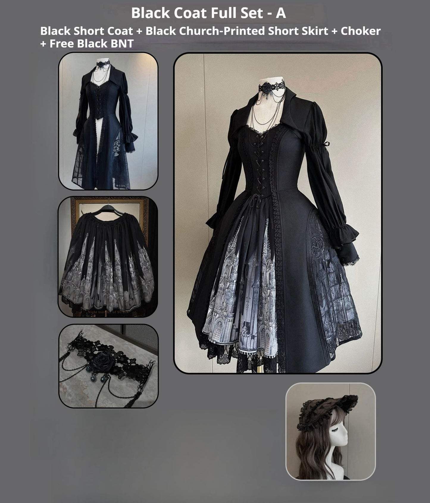 Susin Lolita~Night Traveler~Gothic Lolita Skirt Outfit Long Coat Shirt and Bustier Set