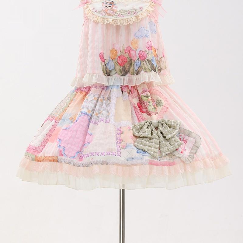 Mewroco~Country Patchwork~Sweet Lolita Dress Set Print OP SK Shirt and Camisole