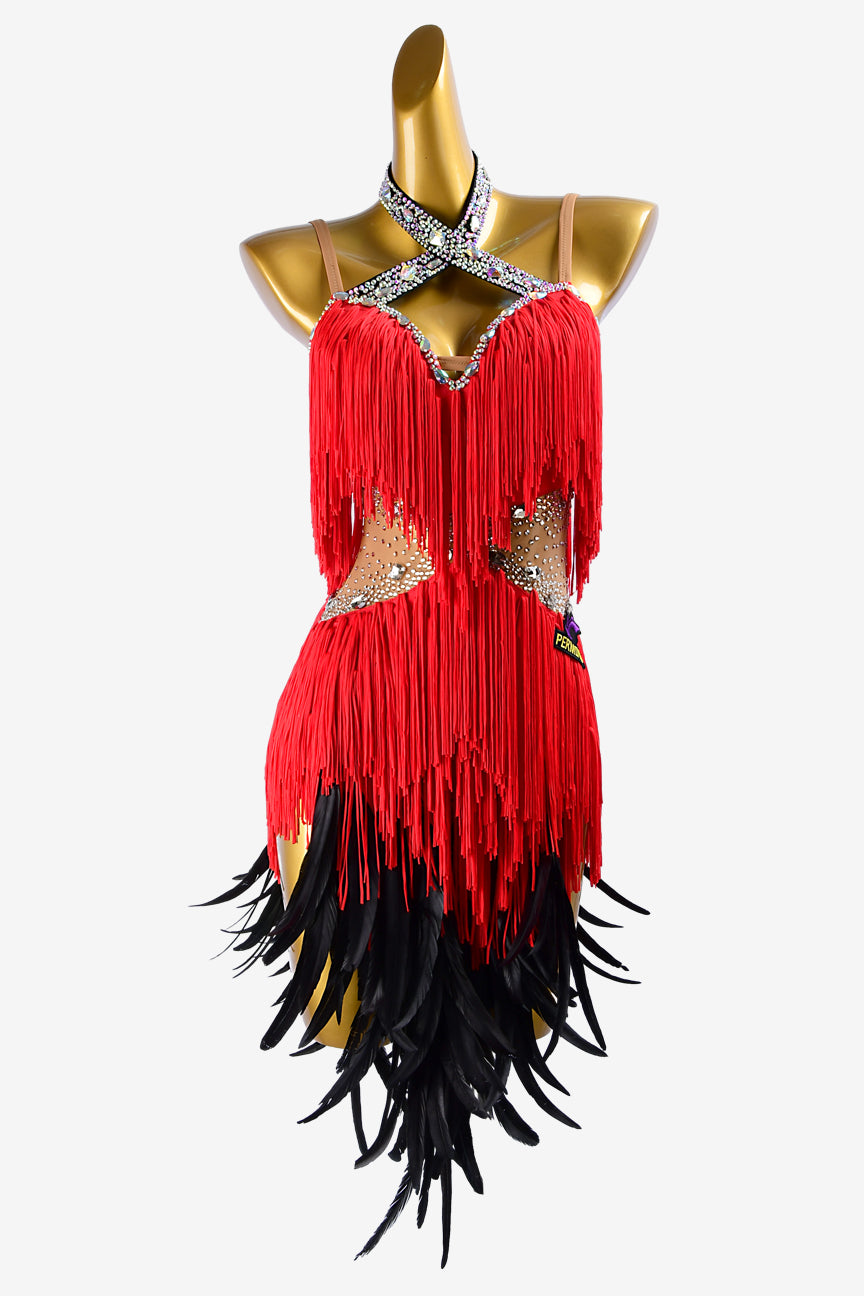 Permino fleshtone lycra Latin dress with red fringes, black feathers, silver crystals & sew-on stones