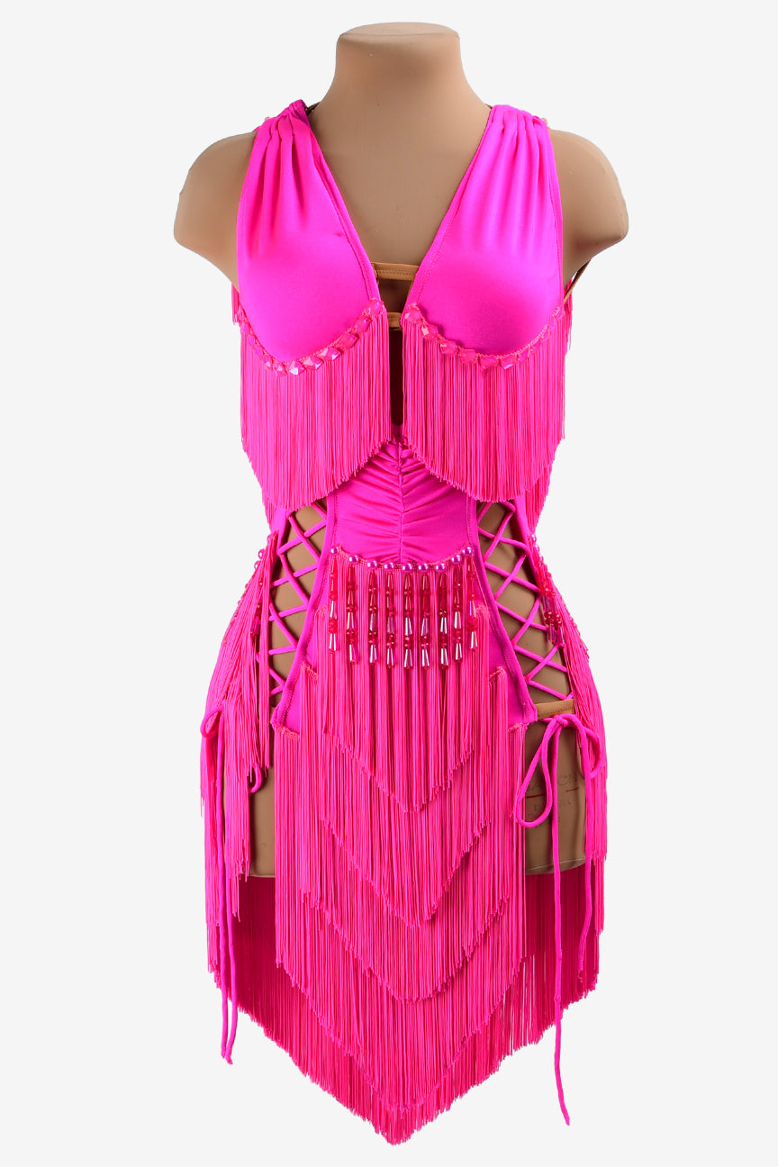 Permino phosphor powder lycra Latin dress with beadings, fringes, crystals & sew-on stones